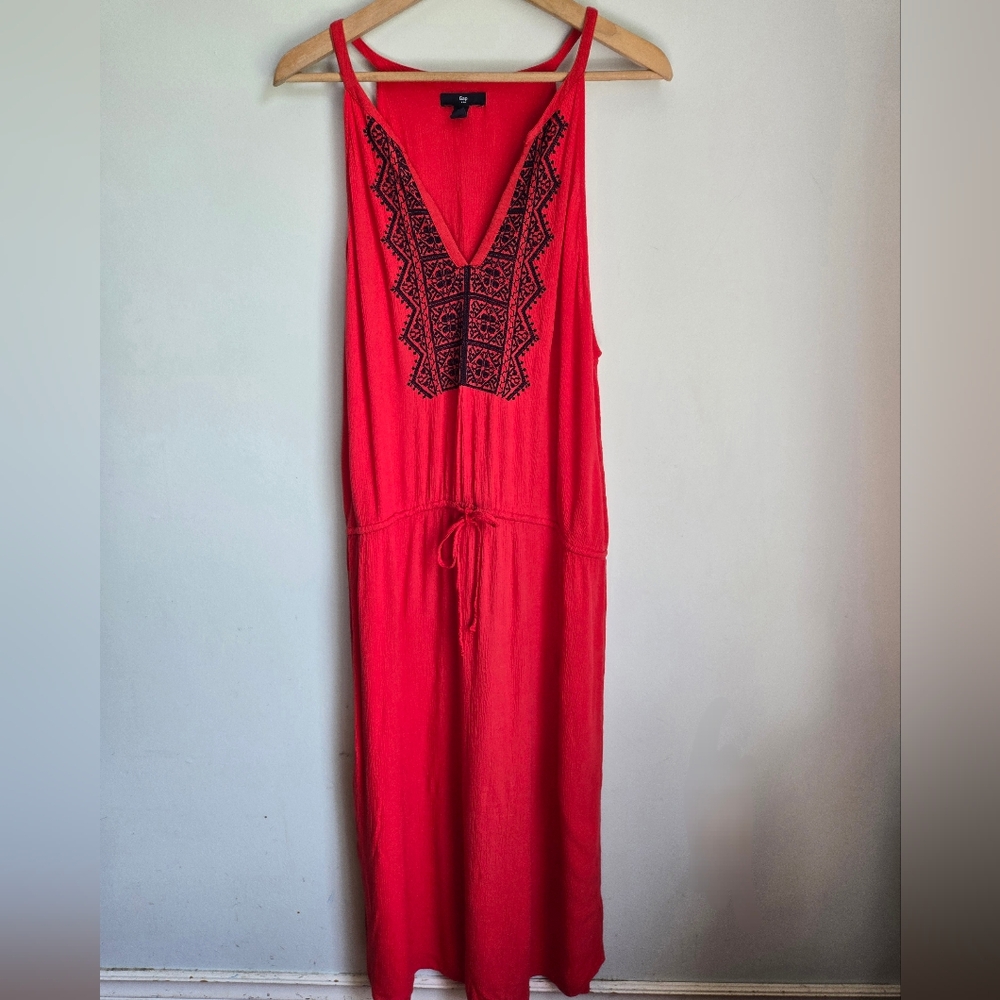 GAP Red Maxi Halter Dress With Navy Embroidered Neckline